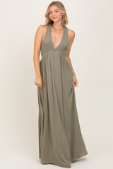 Olive Deep V-Neck Cross Back Maternity Maxi Dress