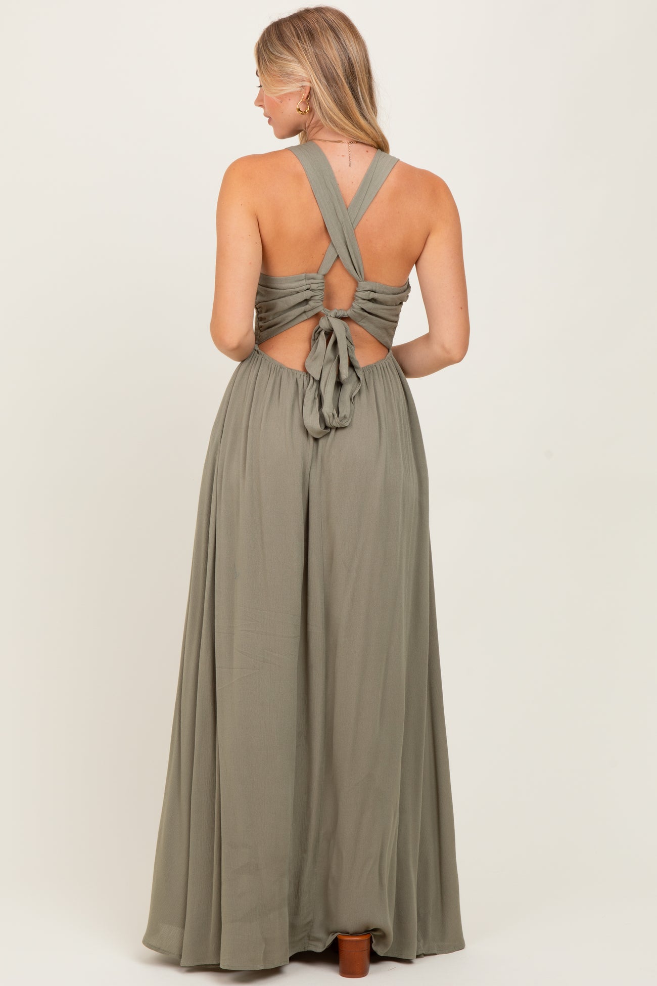 Olive Deep V-Neck Cross Back Maxi Dress