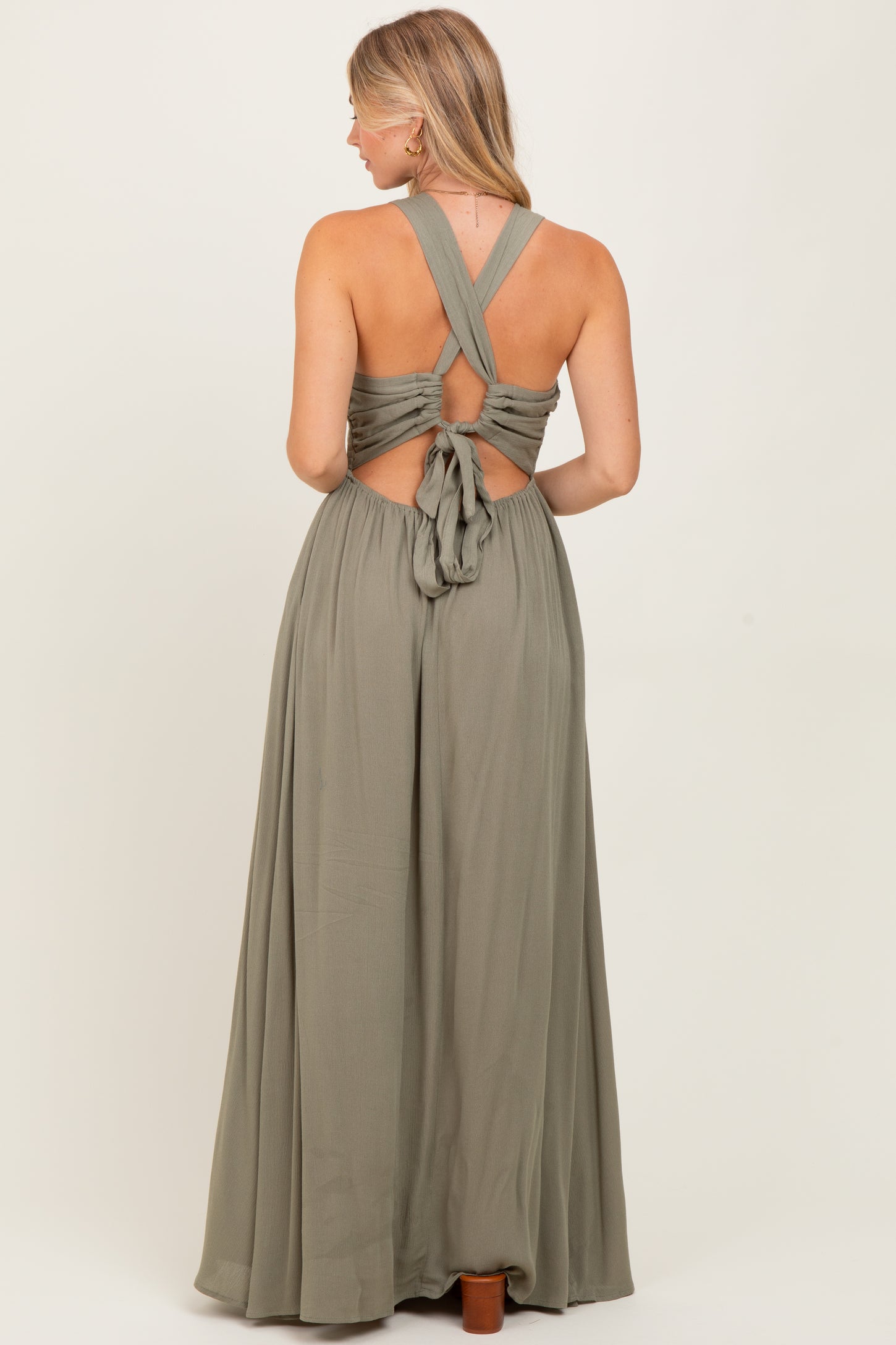 Olive Deep V-Neck Cross Back Maxi Dress