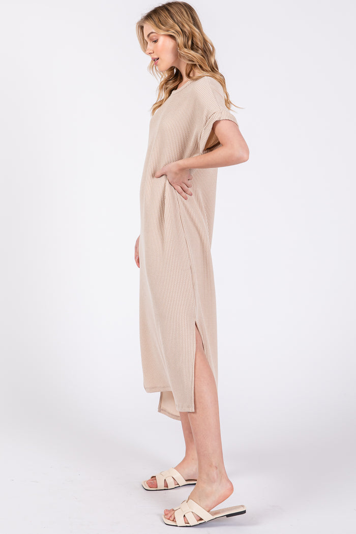 Beige Ribbed Short Sleeve Midi Dress