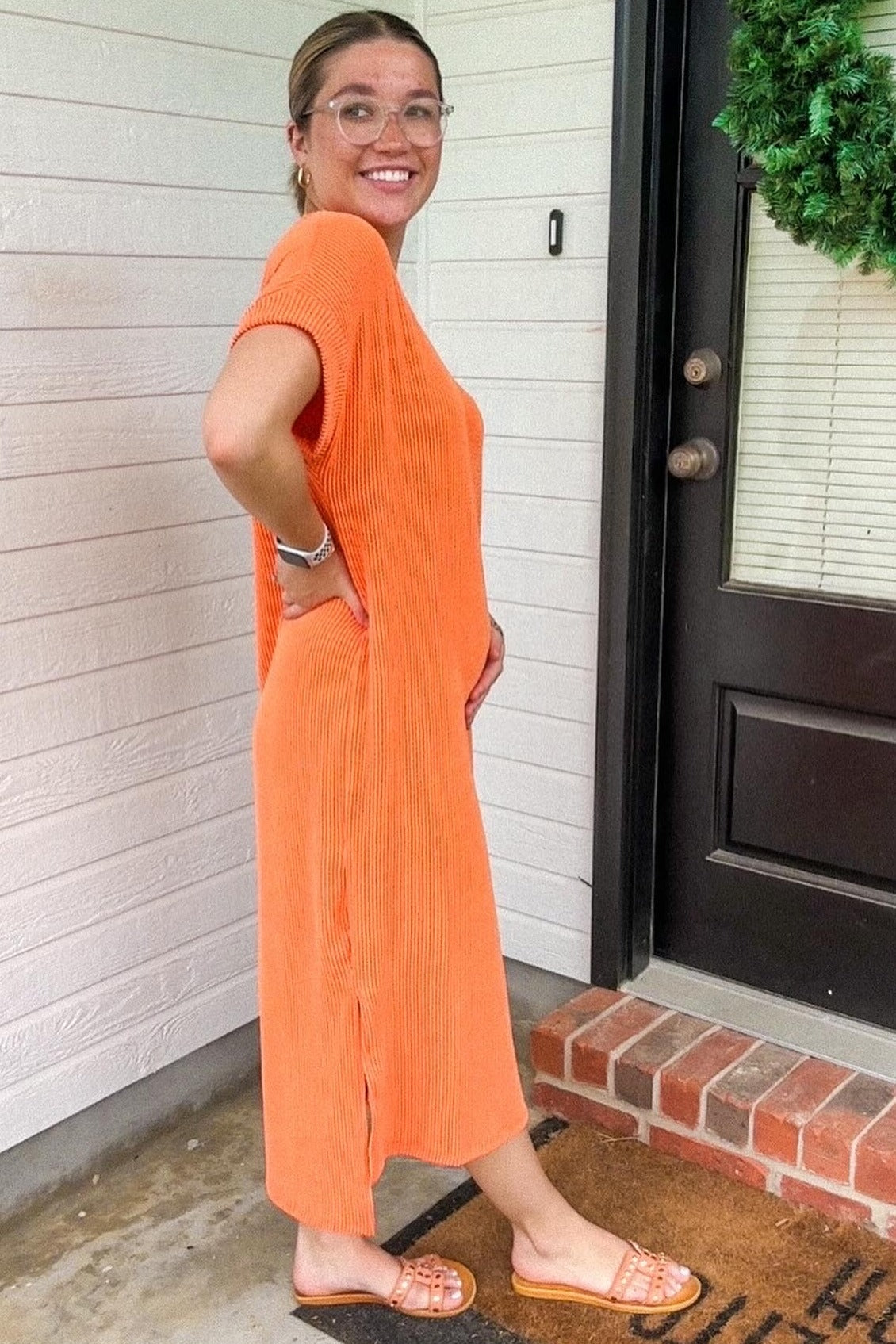 Orange Ribbed Short Sleeve Maternity Midi Dress