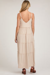 Beige Tiered Sleeveless Maternity Maxi Dress