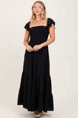 Black Smocked Ruffle Off Shoulder Tiered Maternity Maxi Dress