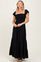 Black Smocked Ruffle Off Shoulder Tiered Maxi Dress
