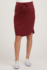 maternity wear burgundy midi skirt with side pockets and adjustable drawstring waist