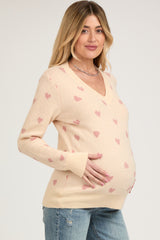 Cream Heart Print Knit Maternity Sweater