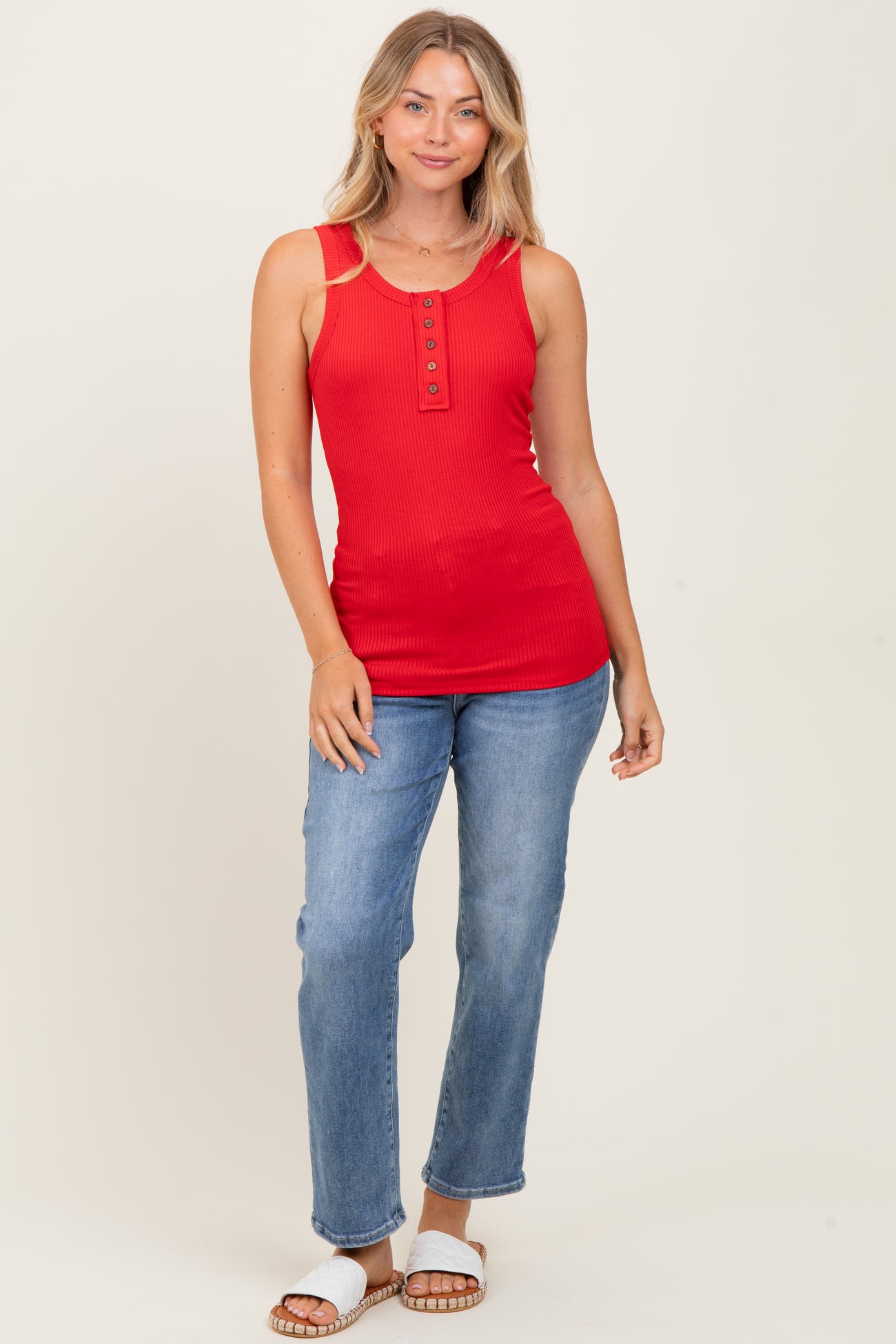 Red Button Accent Ribbed Tank