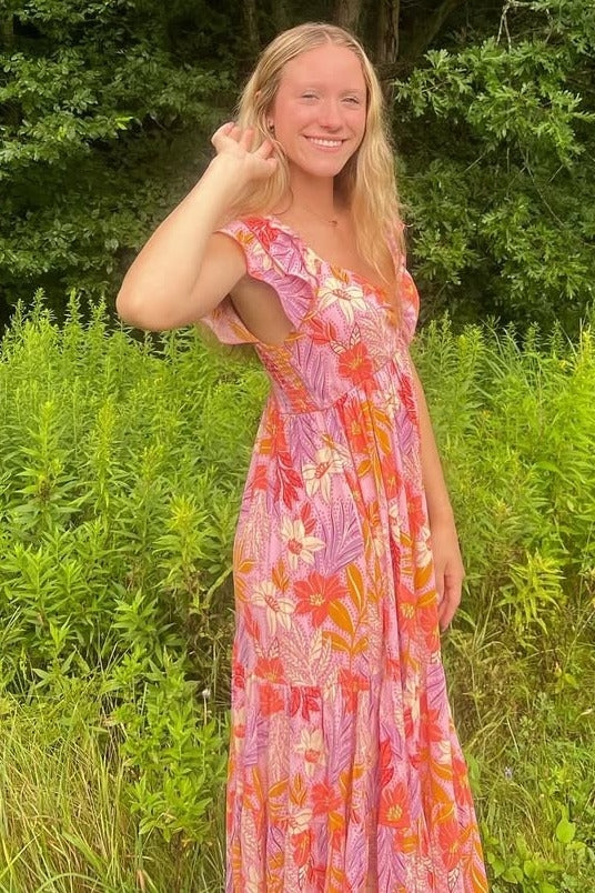 Orange Floral Sweetheart Neck Ruffle Shoulder Midi Dress
