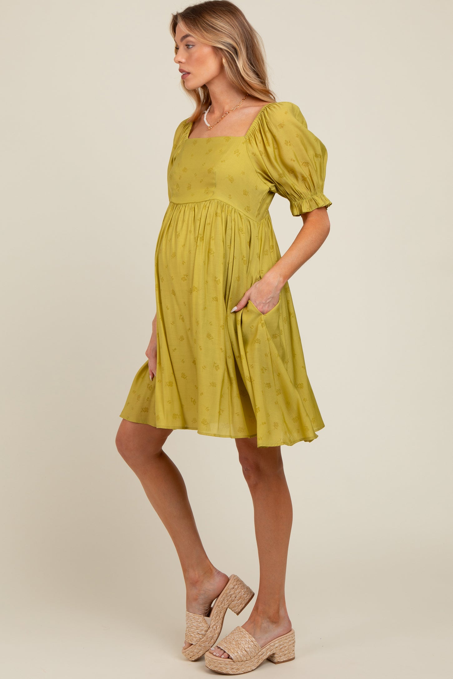 Lime Floral Puff Sleeve Maternity Dress