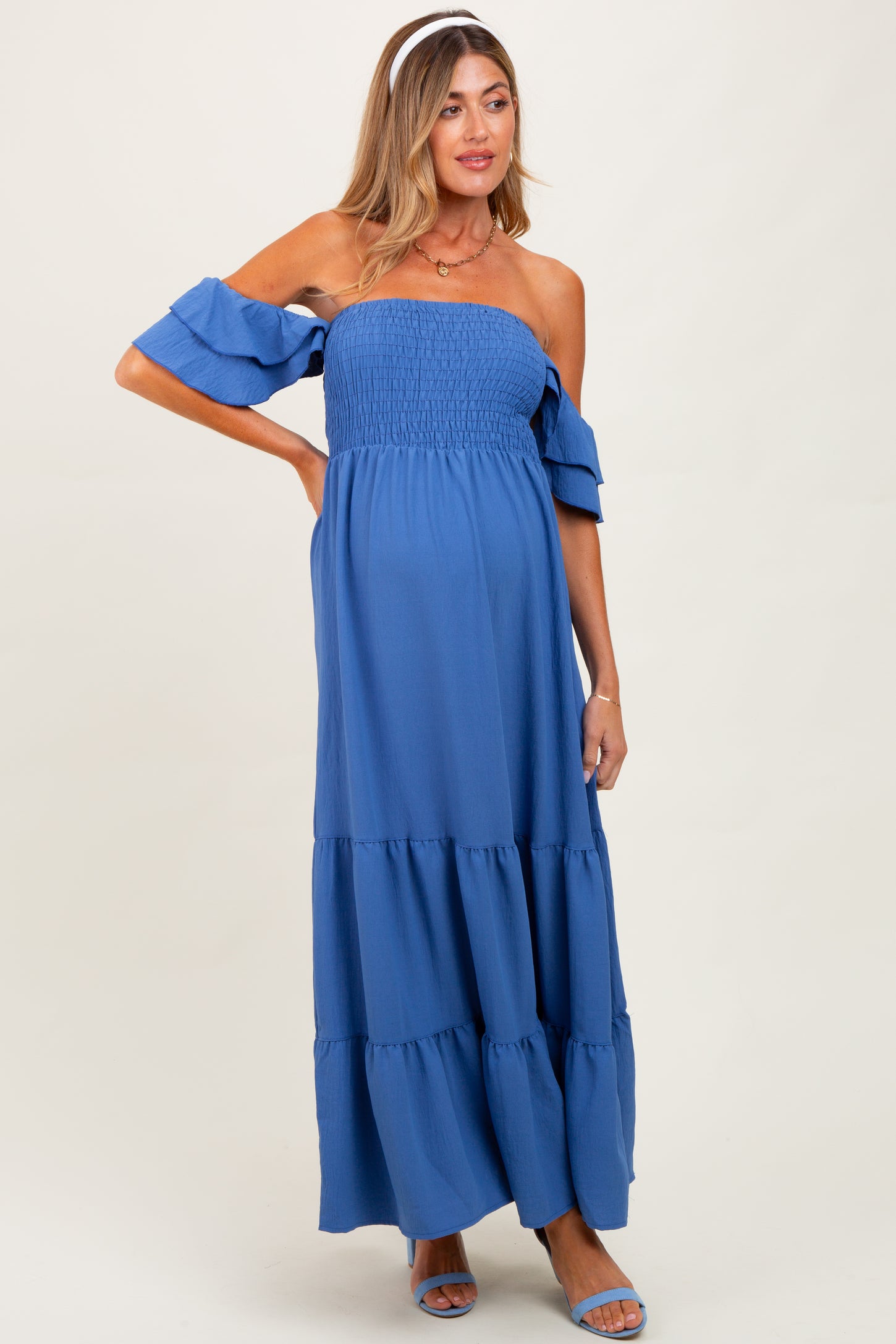 Blue Ruffle Tiered Maternity Maxi Dress