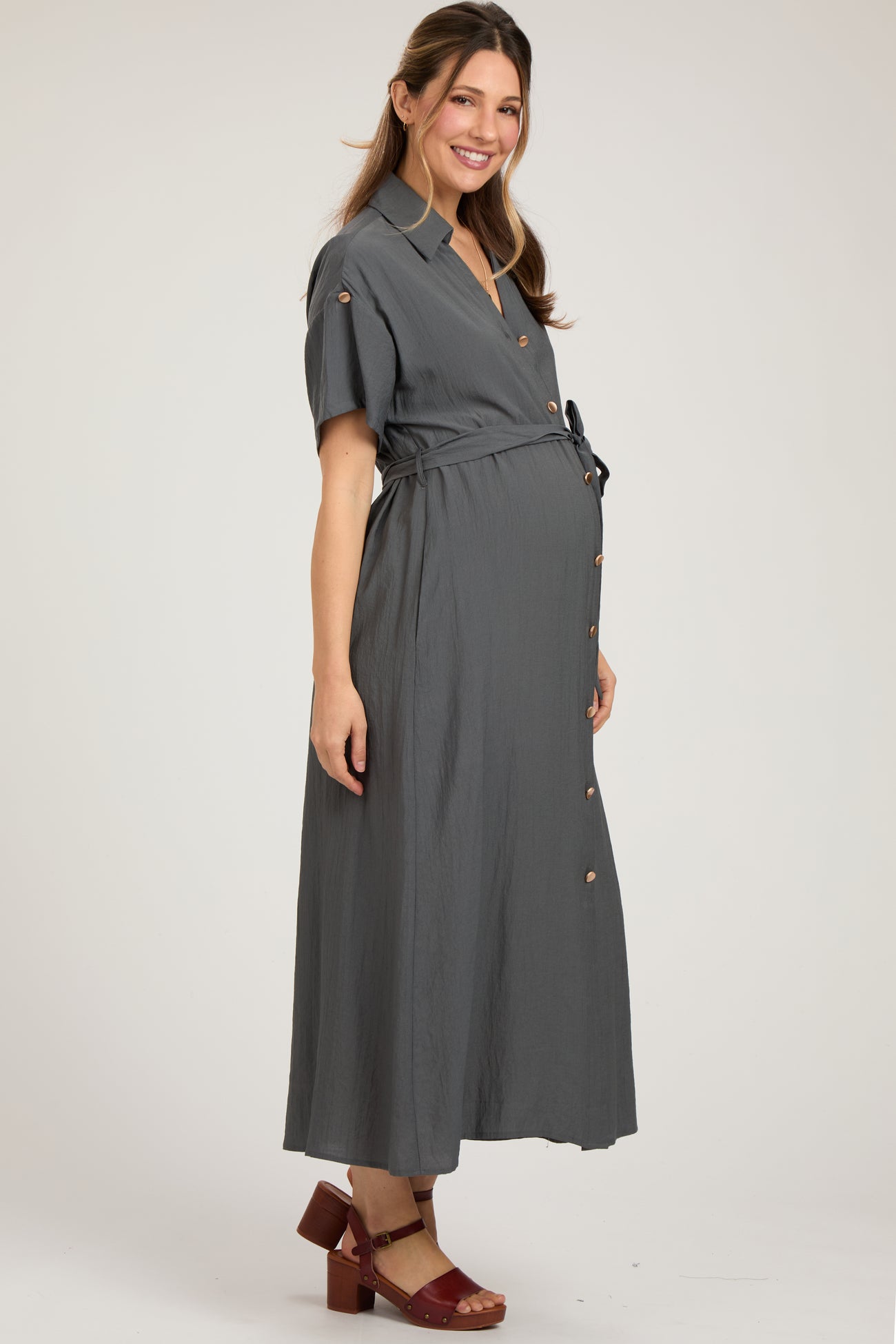 Charcoal Button Front Belted Short Sleeve Maternity Midi Dress