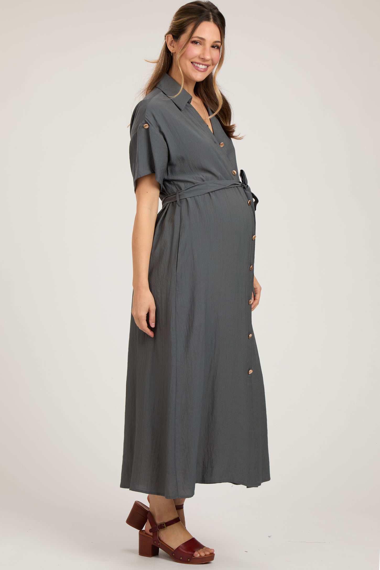 Charcoal Button Front Belted Short Sleeve Maternity Midi Dress