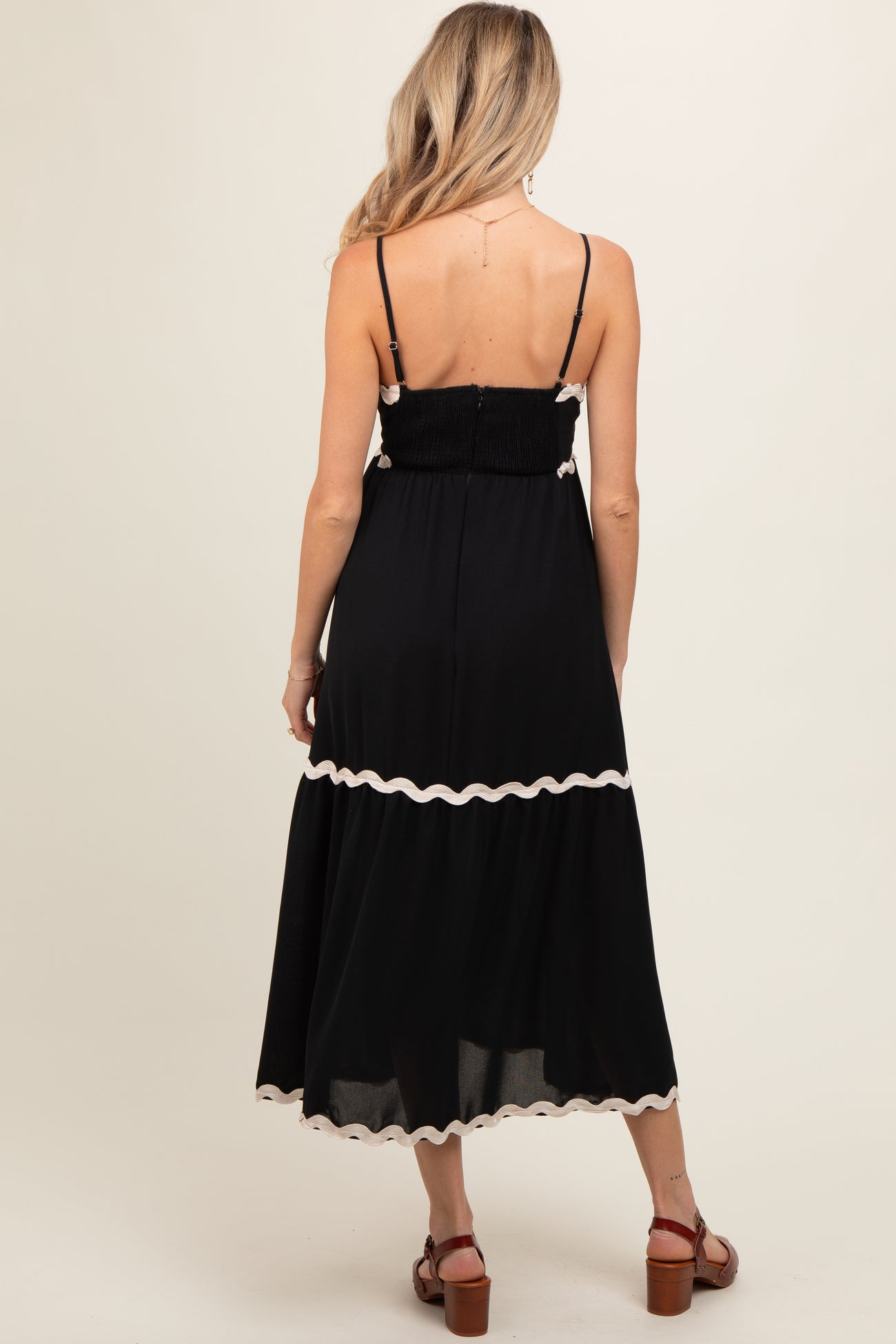Black Ric Rac Trim Tiered Maternity Midi Dress