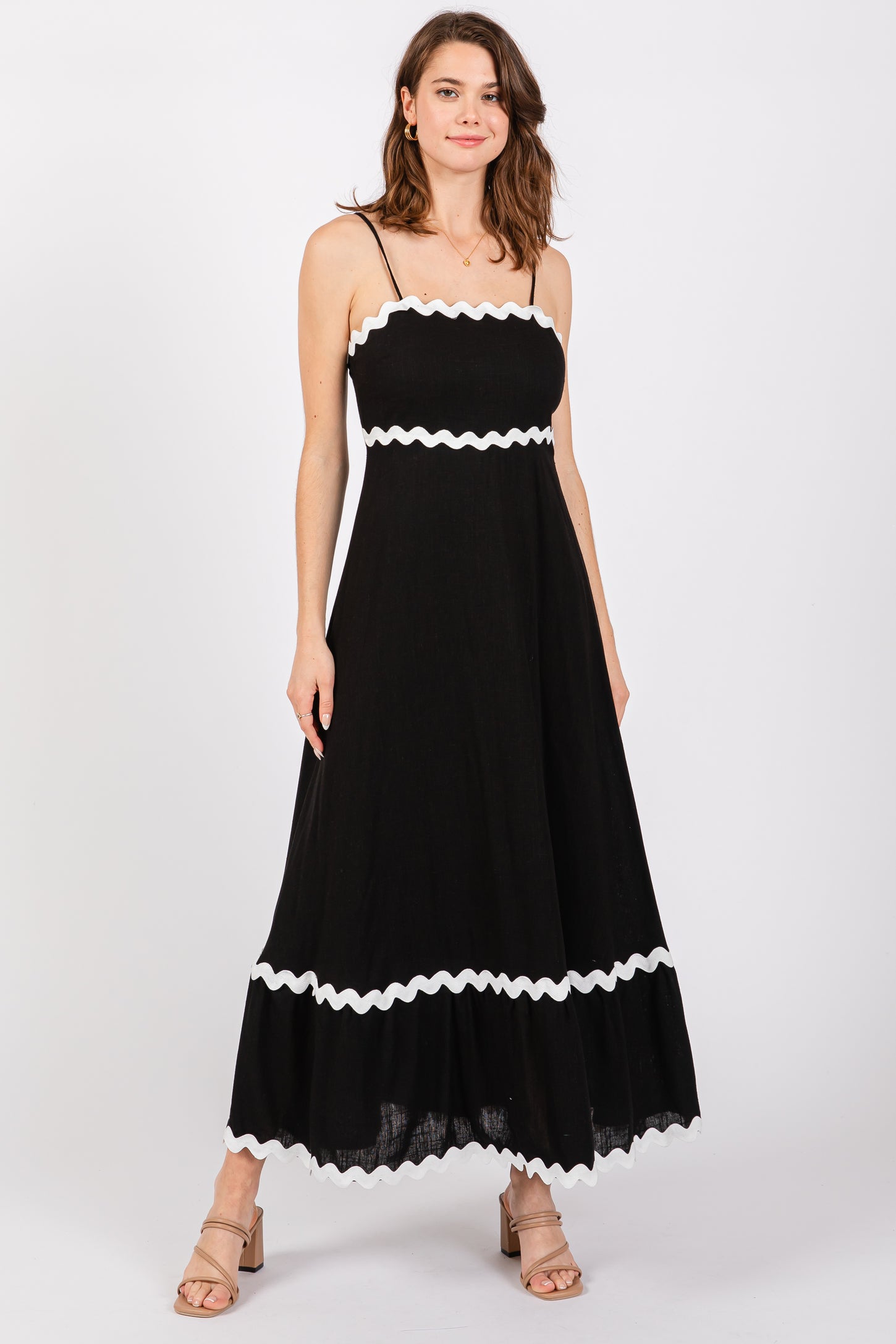 Black Ric Rac Trim Tiered Maternity Midi Dress