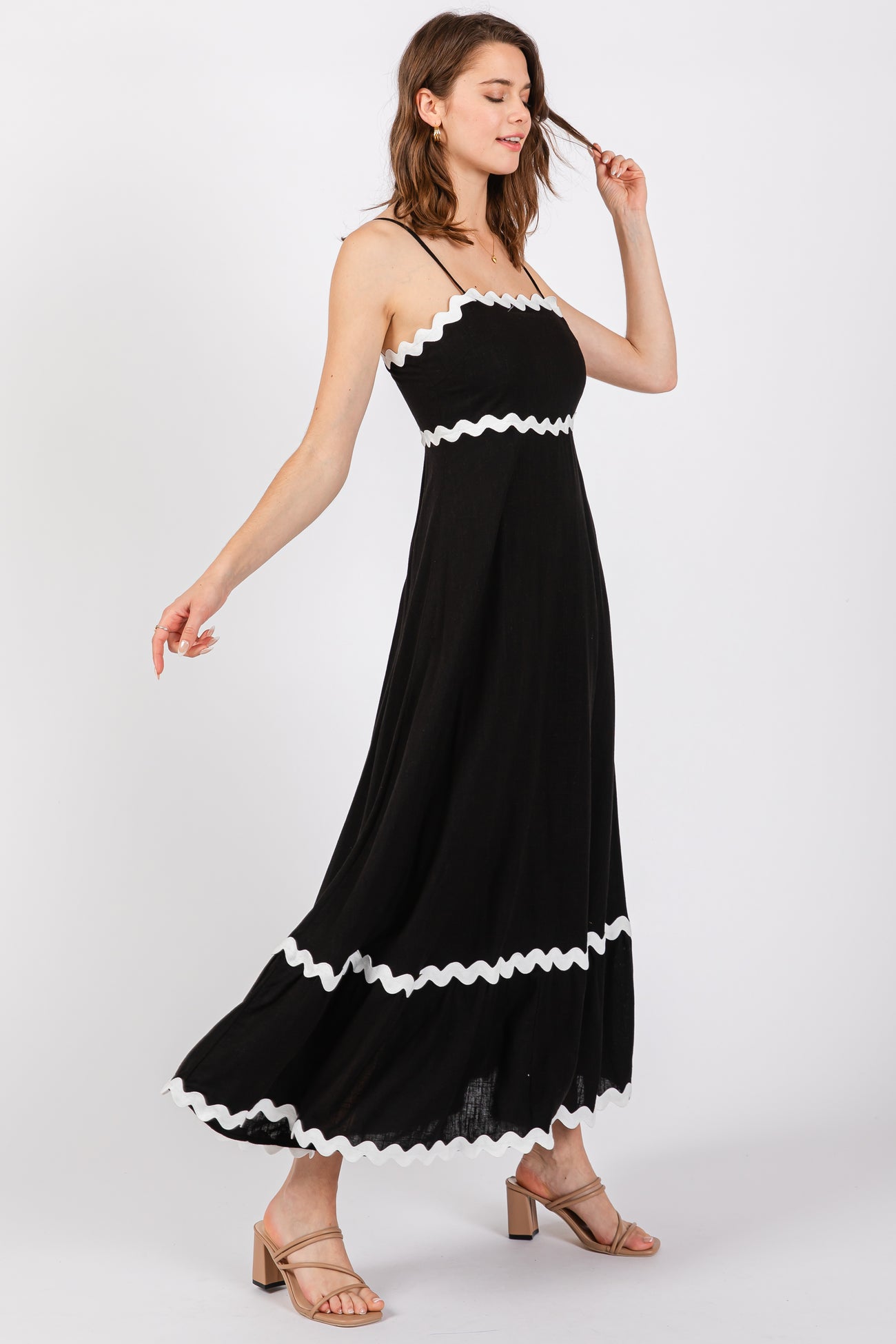 Black Ric Rac Trim Tiered Midi Dress