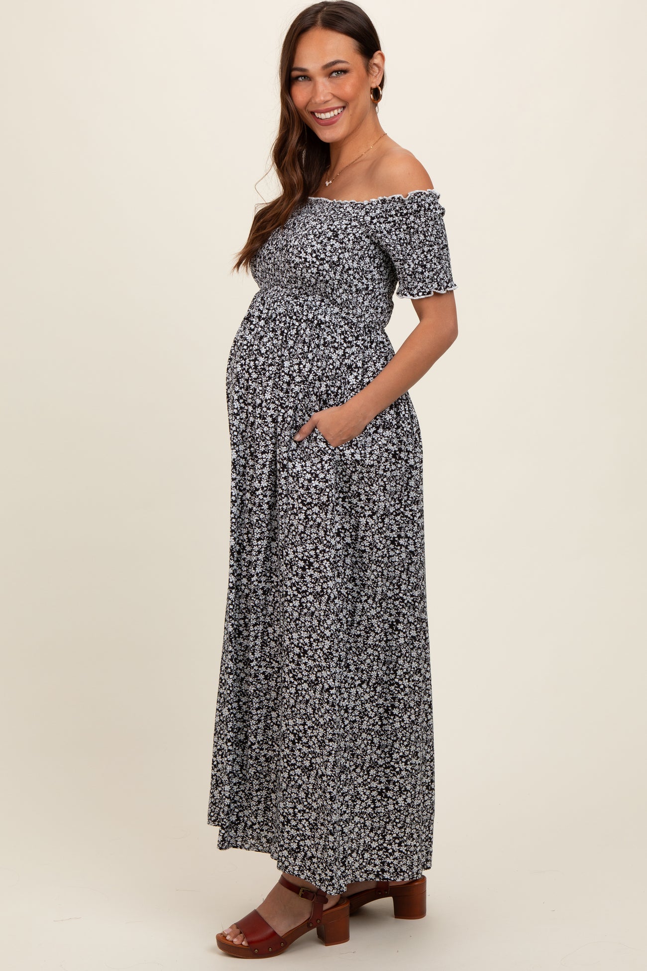 Black Floral Smocked Fitted Sleeve Side Slit Maternity Maxi Dress