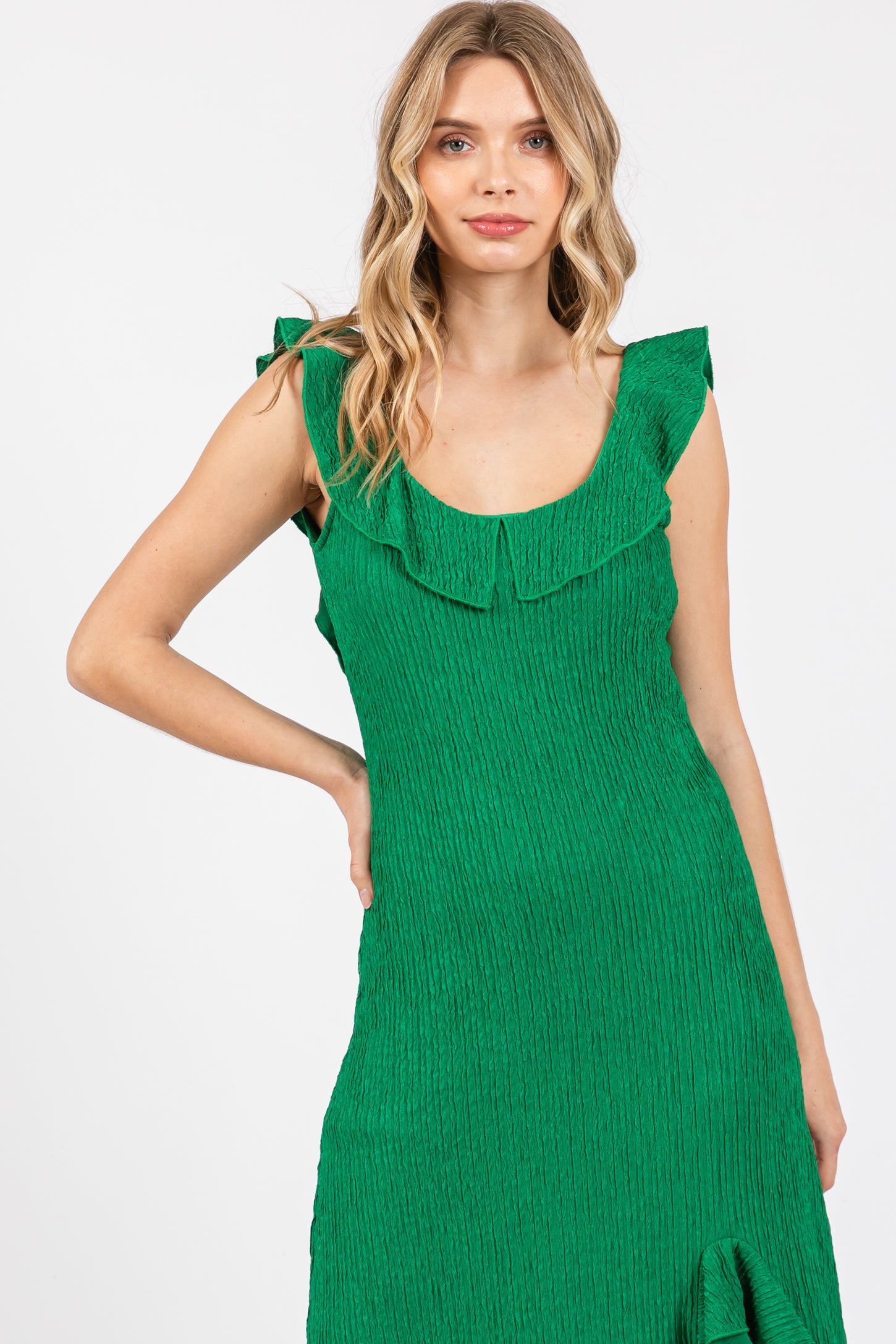 Green Textured Sleeveless Ruffle Slit Maxi Dress