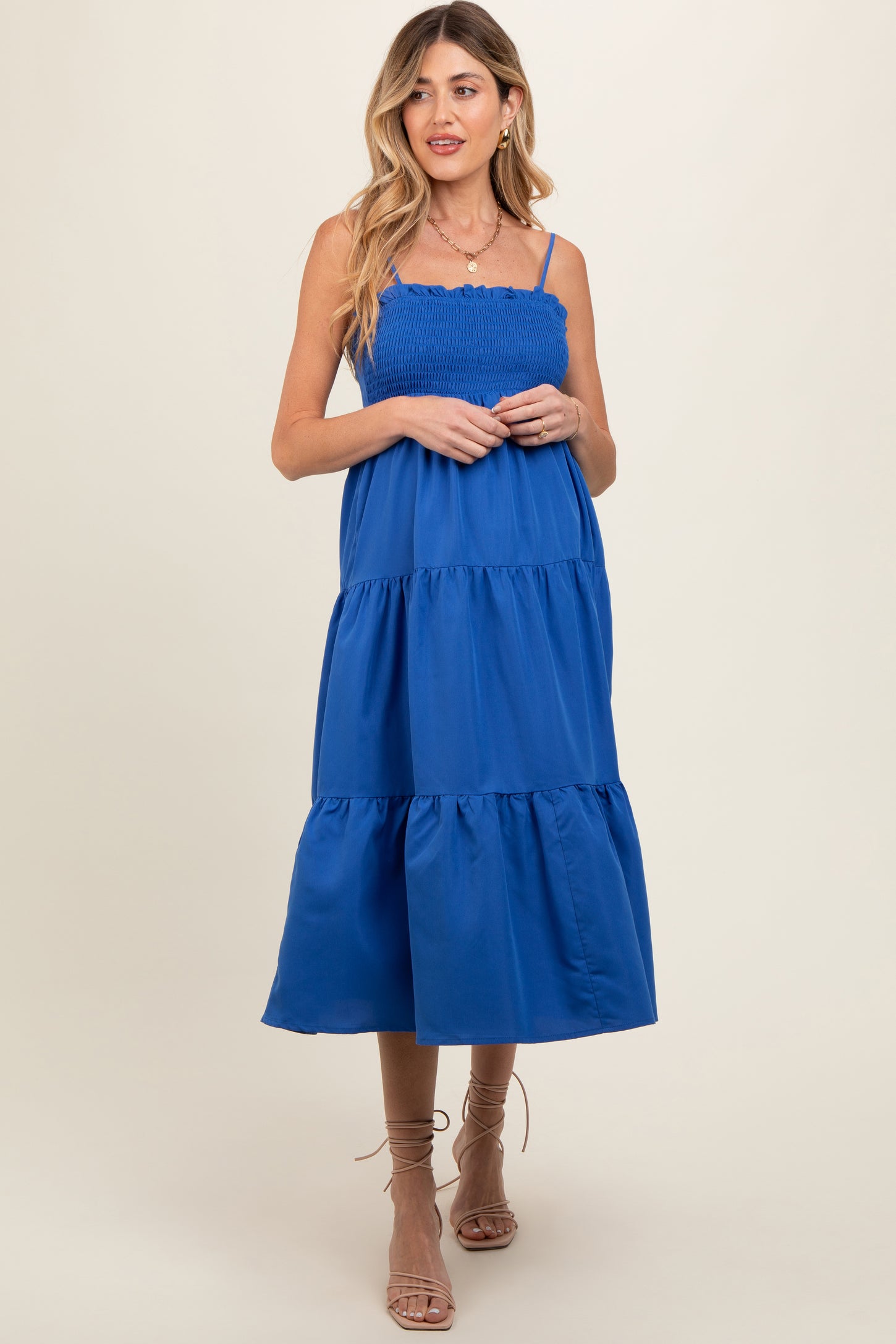 Royal Blue Smocked Cut-Out Back Tiered Maternity Midi Dress