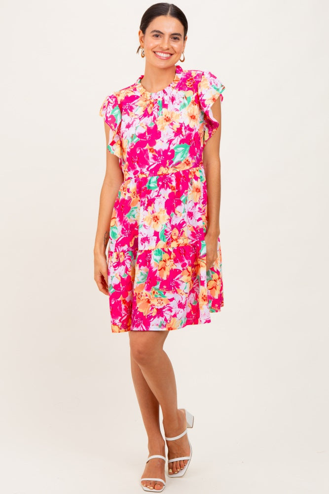 Fuchsia Floral Ruffle Tiered Dress