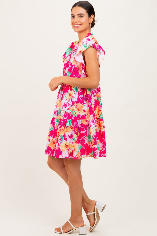 Fuchsia Floral Ruffle Tiered Dress