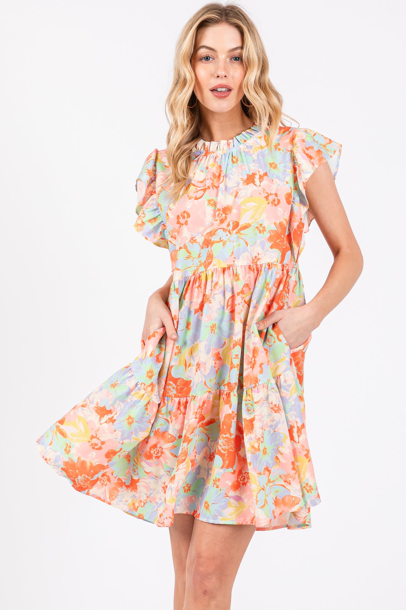 Orange Floral Ruffle Tiered Maternity Dress