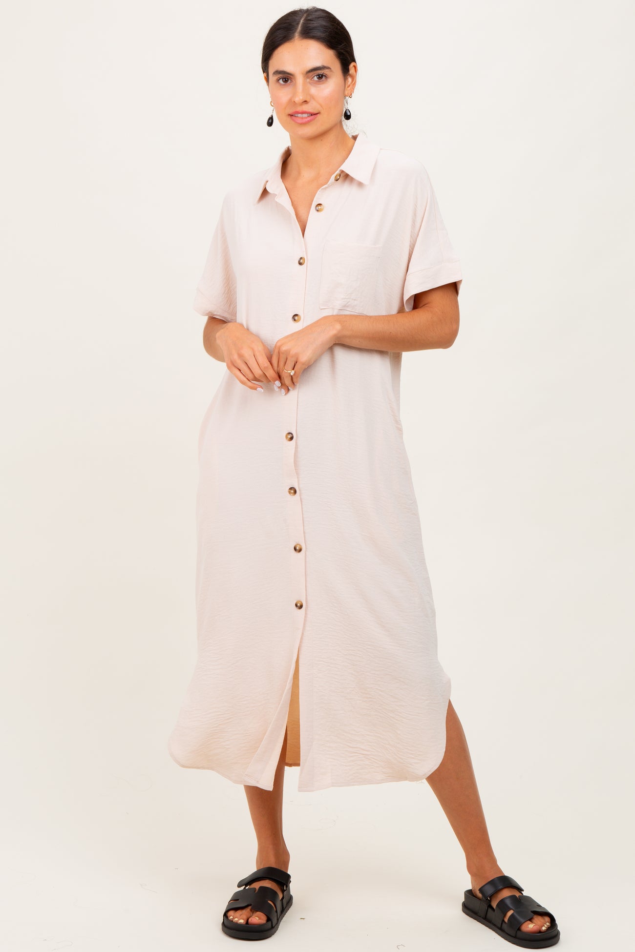 Beige Button Down Front Pocket Midi Dress