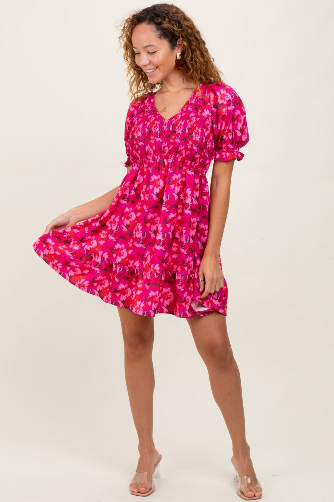 Fuchsia Floral Smocked V-Neck Ruffle Maternity Dress