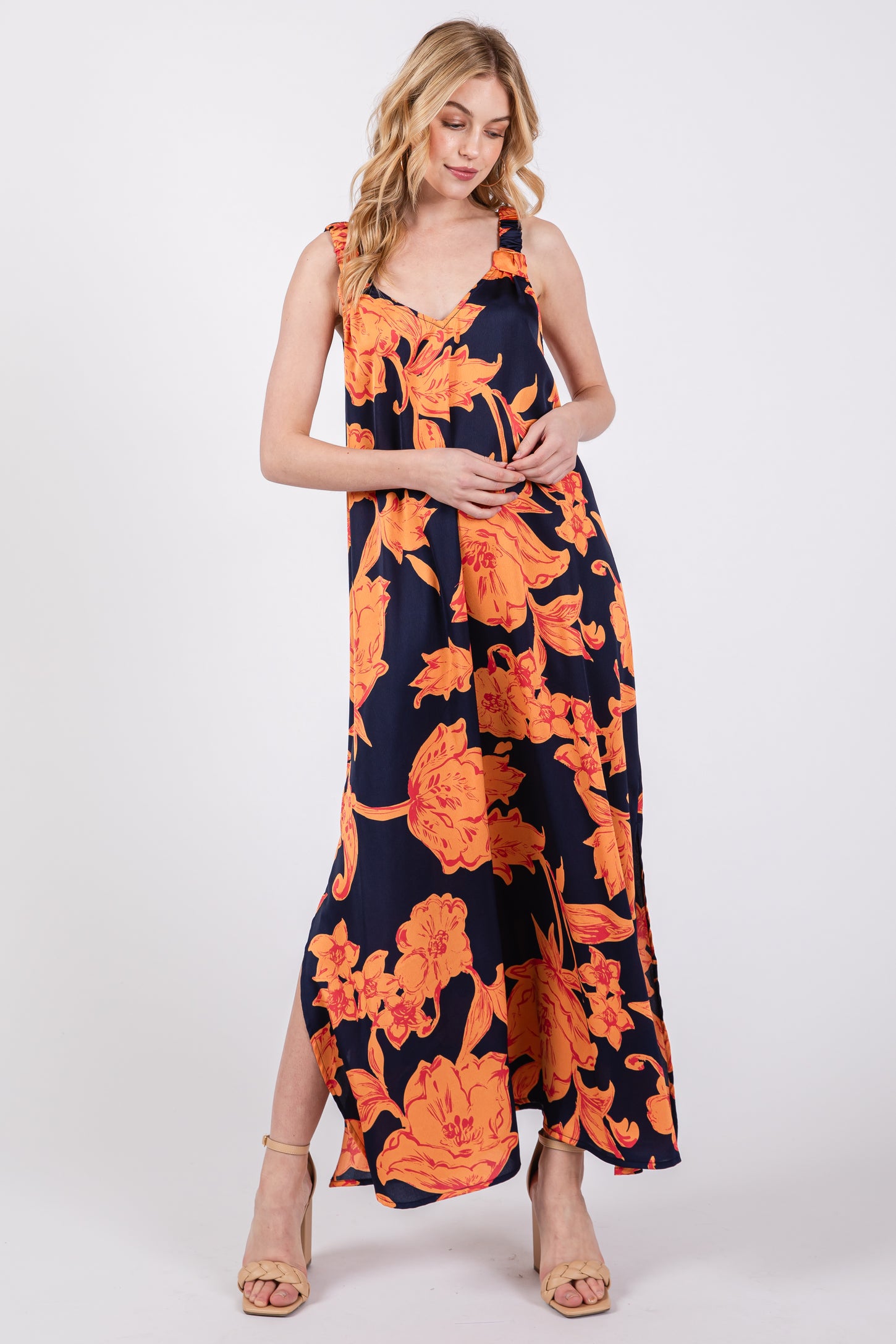 Navy Floral Ruched Strap V-Neck Maternity Midi Dress