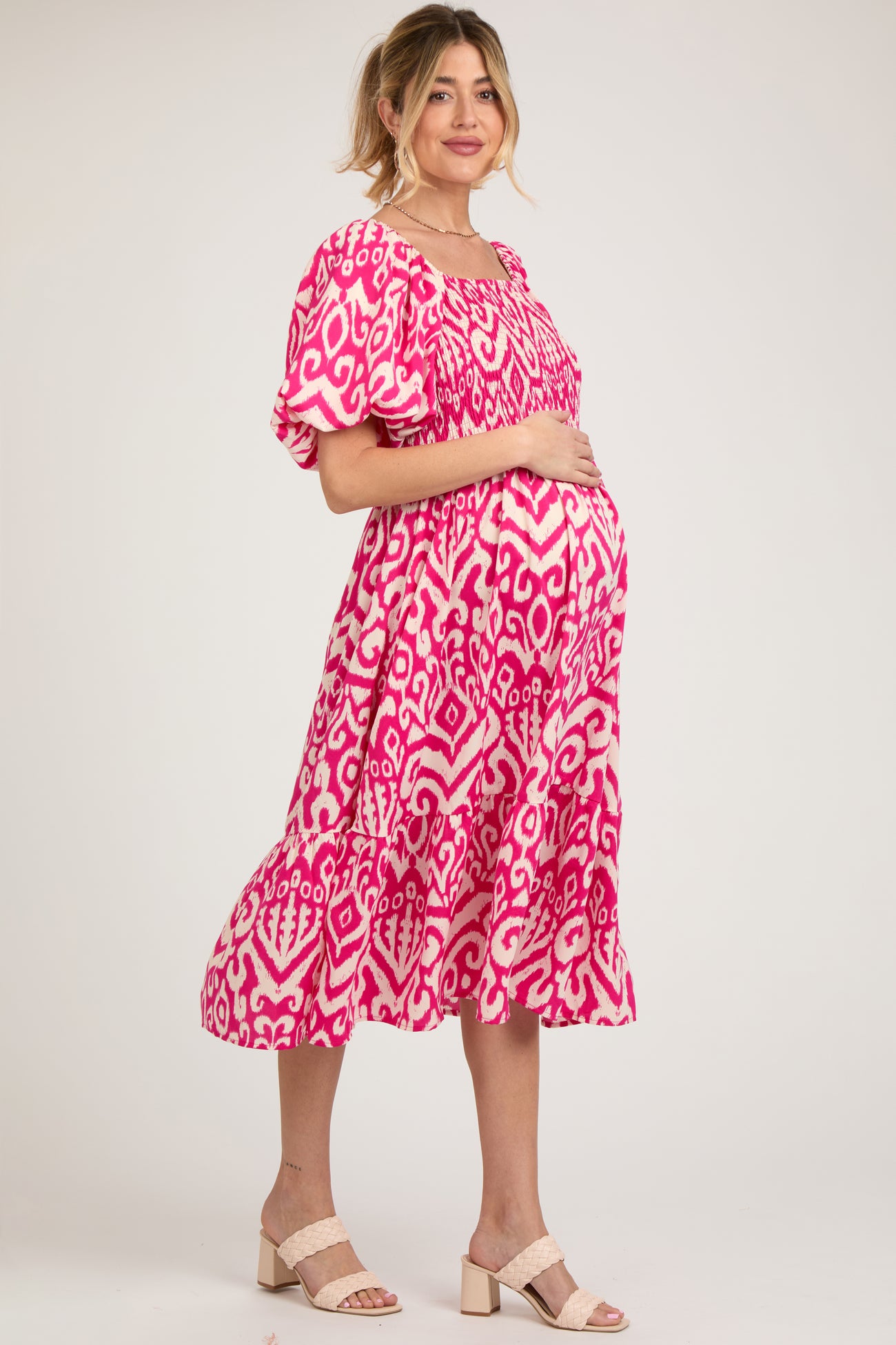 Fuchsia Square Neck Smocked Ruffle Maternity Midi Dress
