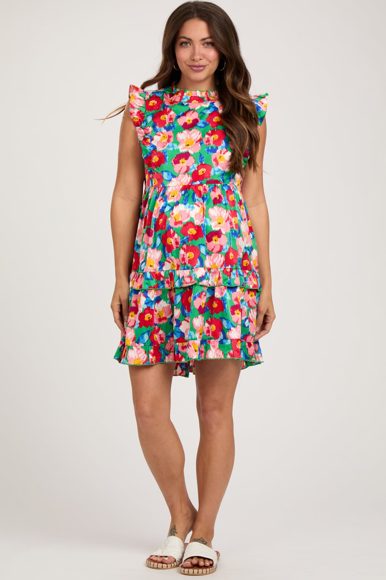 Green Floral Mock Neck Maternity Dress