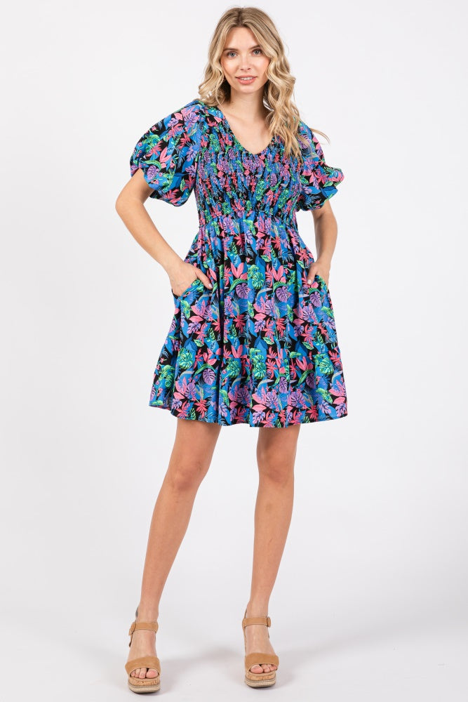 Blue Multi-Color Tropical Print Ruffle Hem Maternity Dress