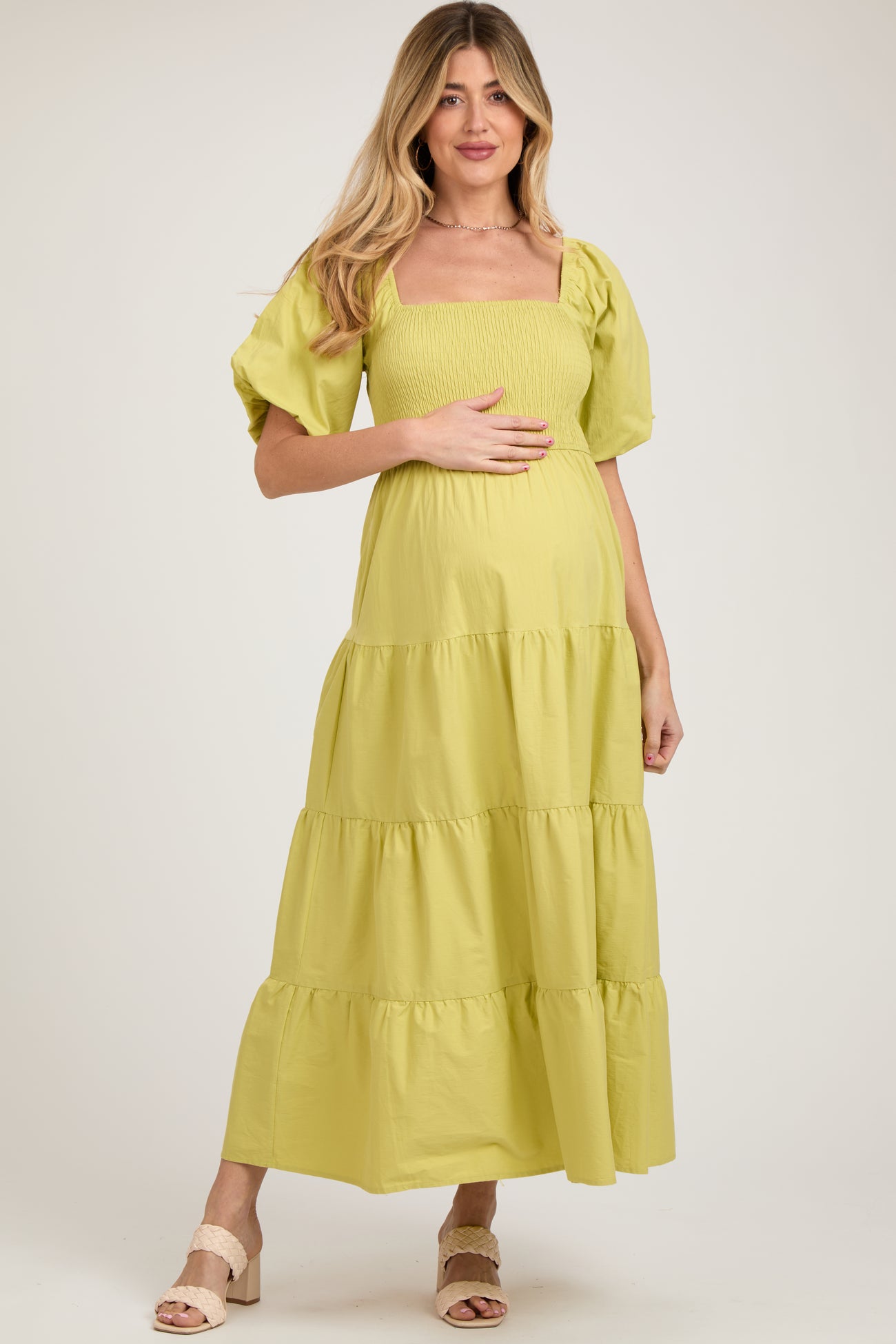 Light Olive Smocked Square Neck Puff Sleeve Tiered Maternity Maxi Dress