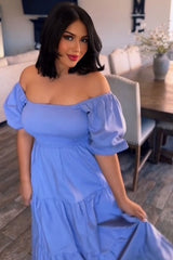 Lavender Smocked Square Neck Puff Sleeve Tiered Maxi Dress