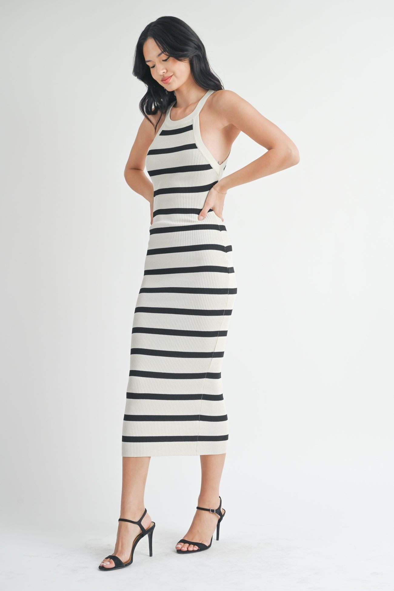 Ivory Striped Fitted Knit Dress