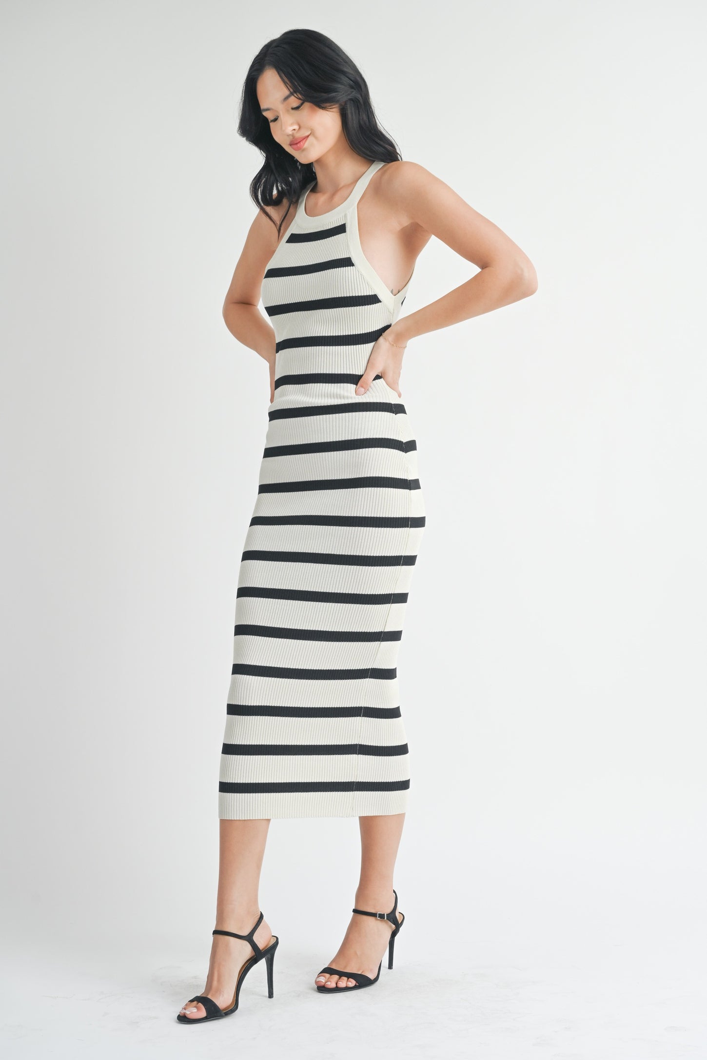 Ivory Striped Fitted Knit Dress