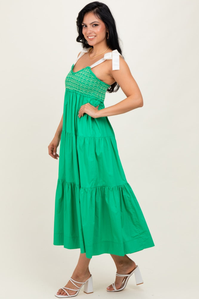 Green Ribbon Strap Tiered Maxi Dress