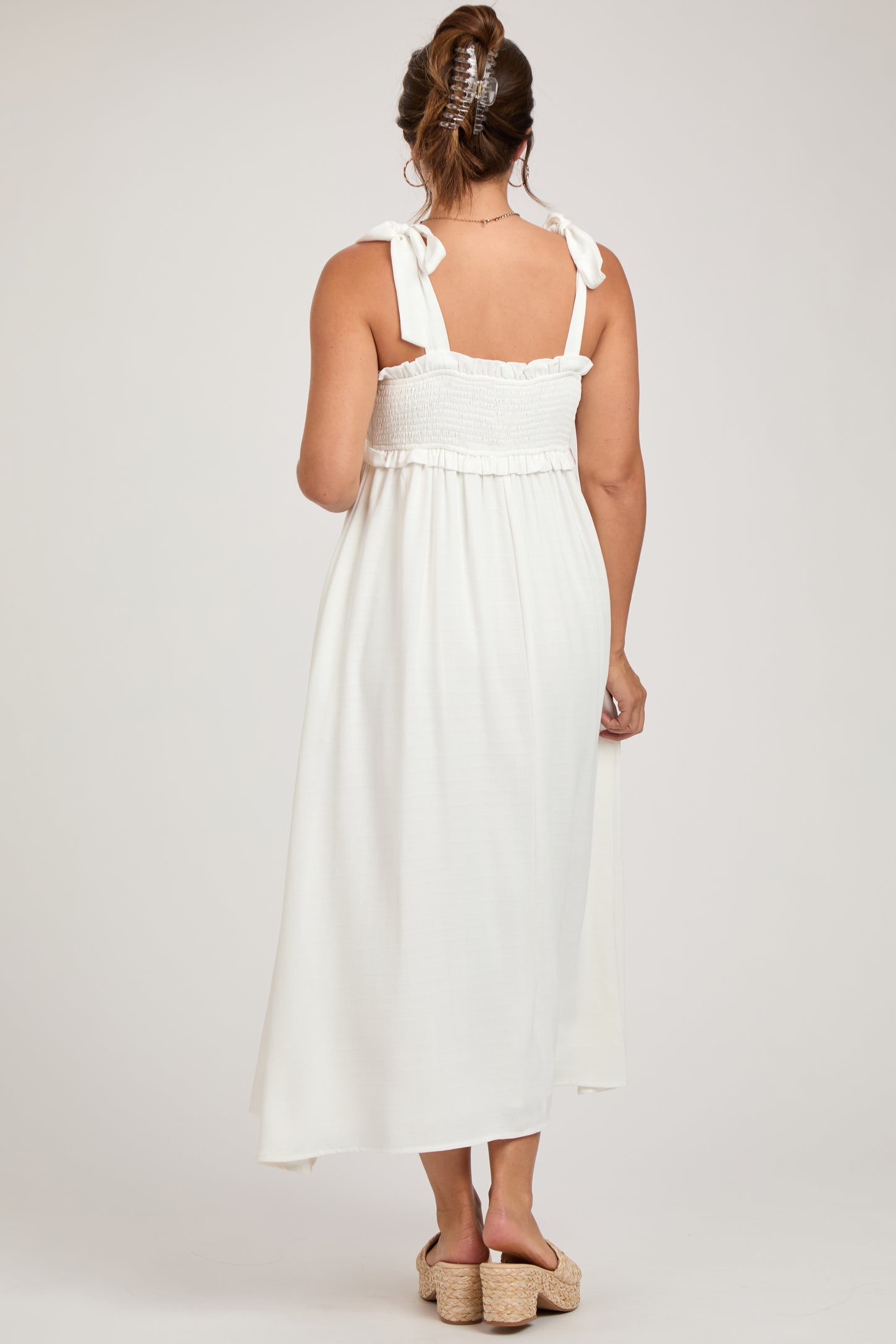 White Ruffle Accent Shoulder Tie Maternity Midi Dress