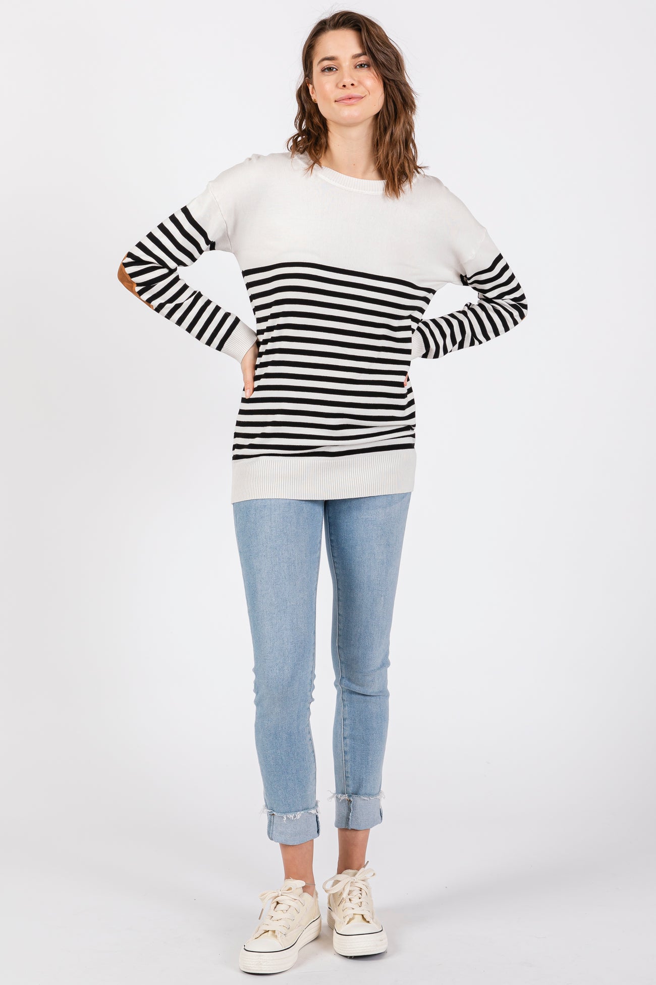 White Striped Elbow Patch Knit Sweater