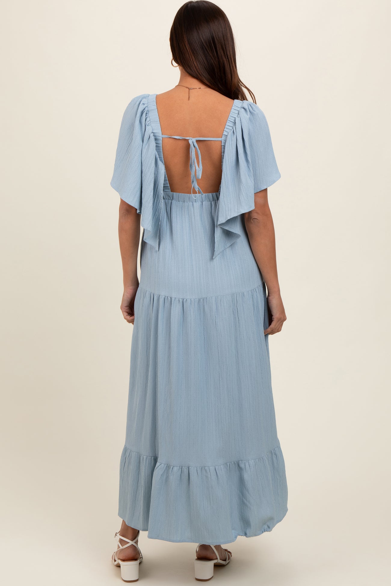 Light Blue Deep V-Neck Flutter Sleeve Tiered Maternity Midi Dress