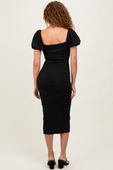 Black Textured Square Neck Puff Sleeve Midi Dress