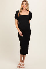 Black Textured Square Neck Puff Sleeve Maternity Midi Dress