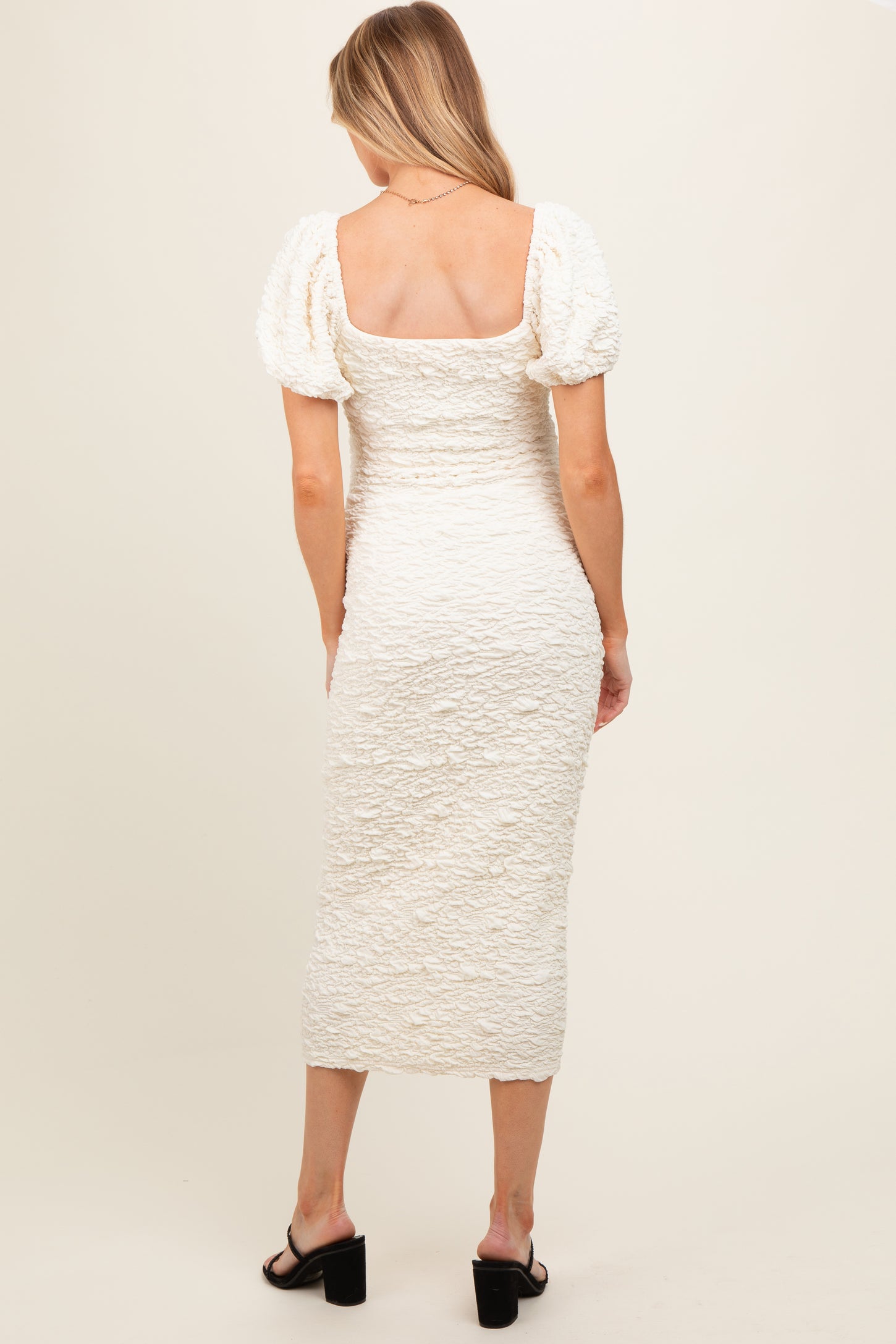 Ivory Textured Square Neck Puff Sleeve Maternity Midi Dress