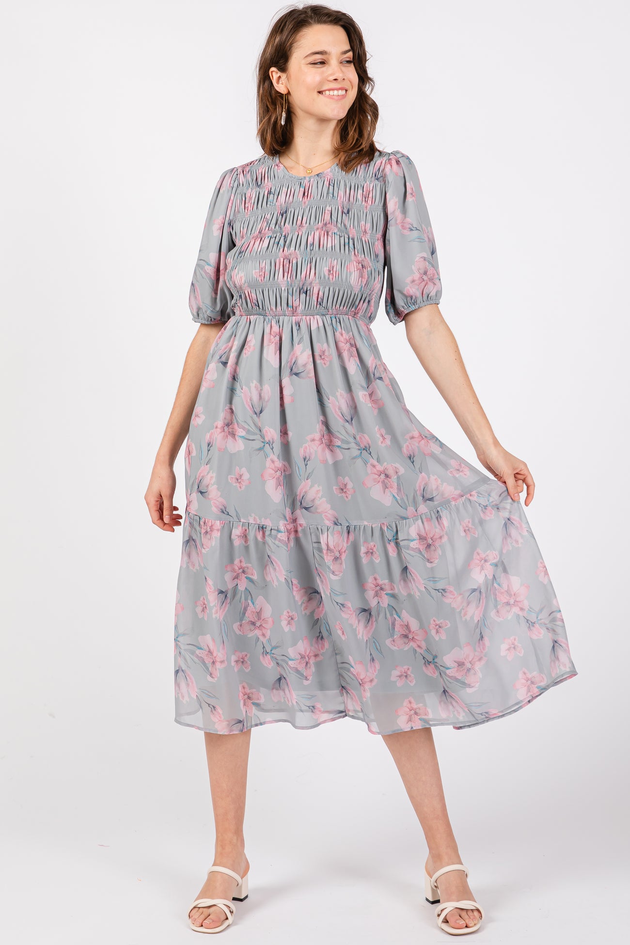 Grey Floral Smocked Ruffle Hem Maternity Midi Dress