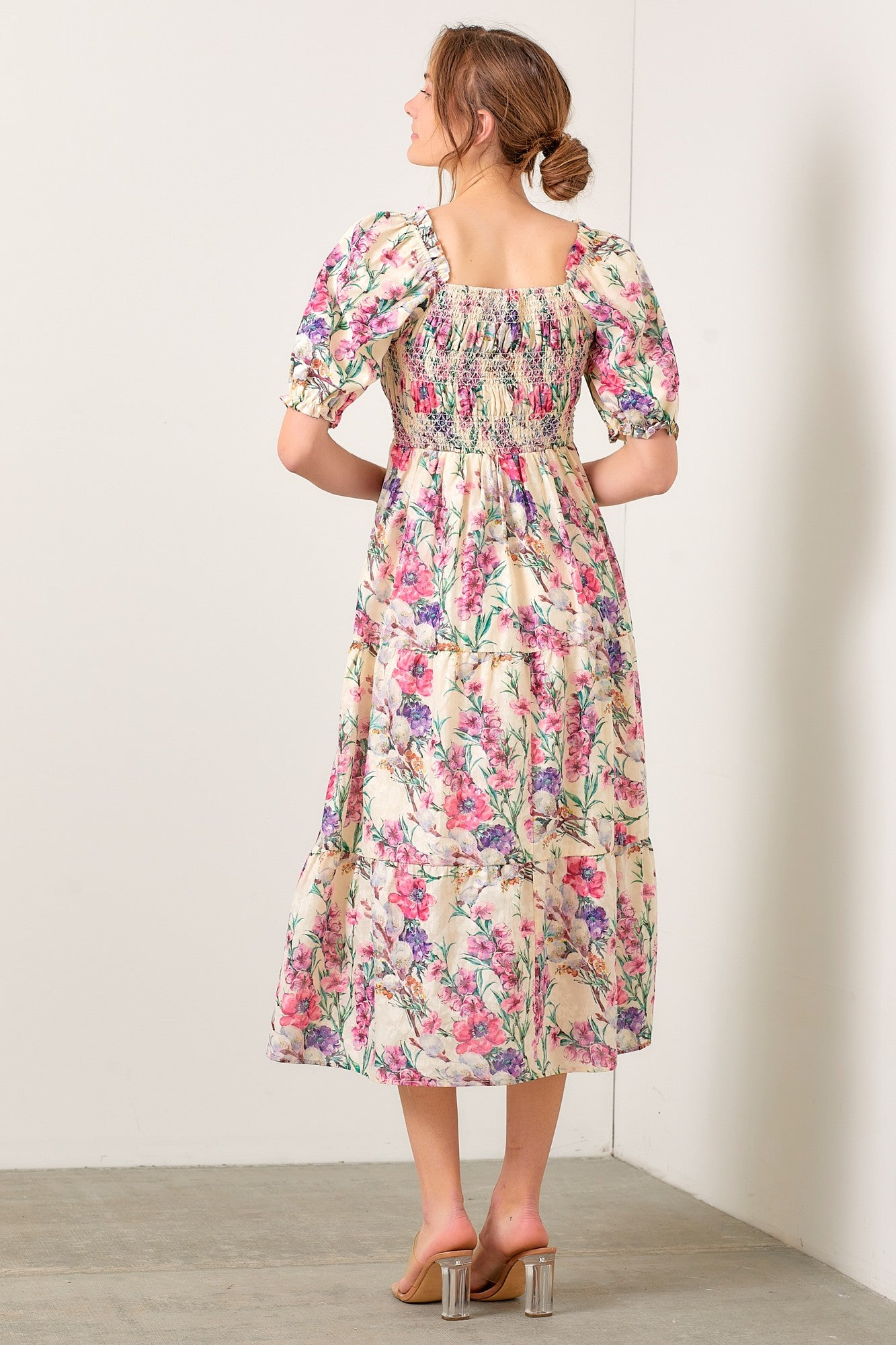 Cream Floral Puff Sleeve Smocked Midi Dress