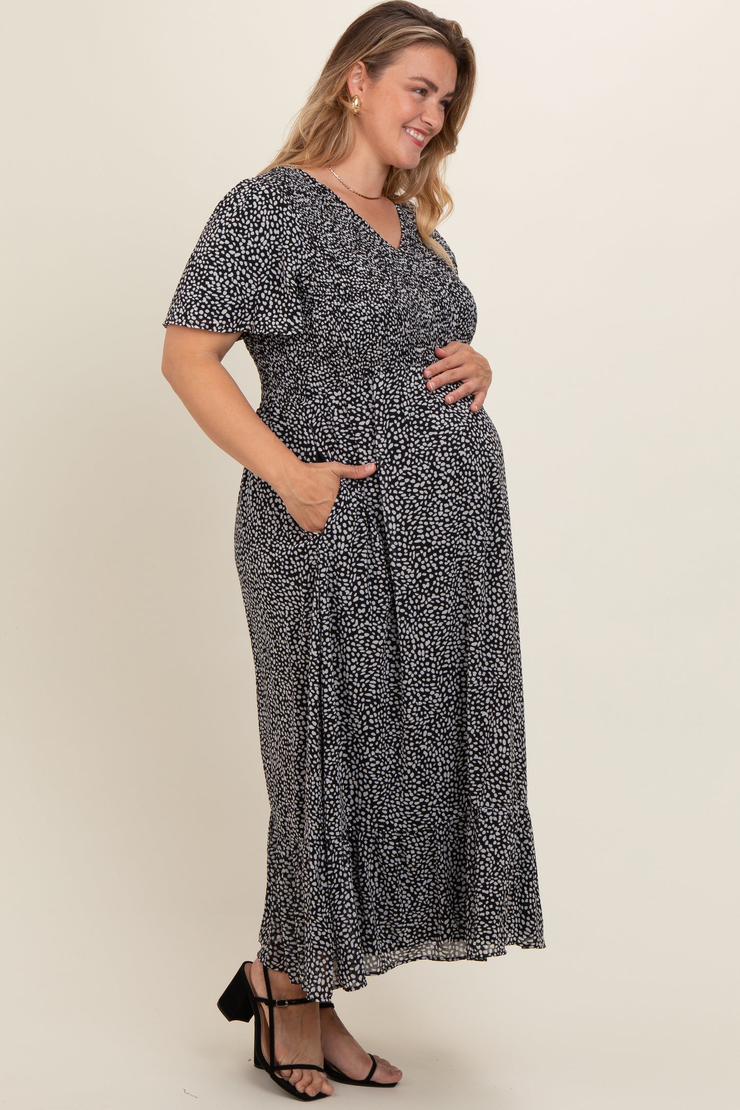Black Dotted Smocked V-Neck Short Sleeve Maternity Plus Maxi Dress