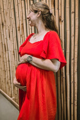 Red Flutter Short Sleeve Back Tie Cutout Maternity Midi Dress