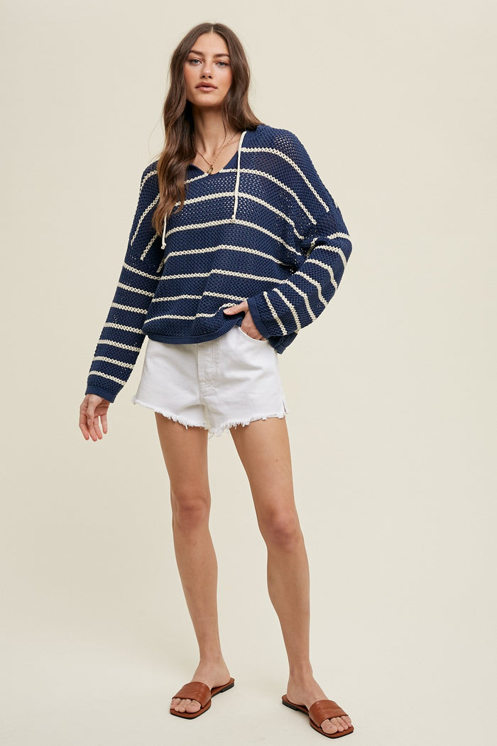 Navy Striped Open Knit Hooded Long Sleeve Top