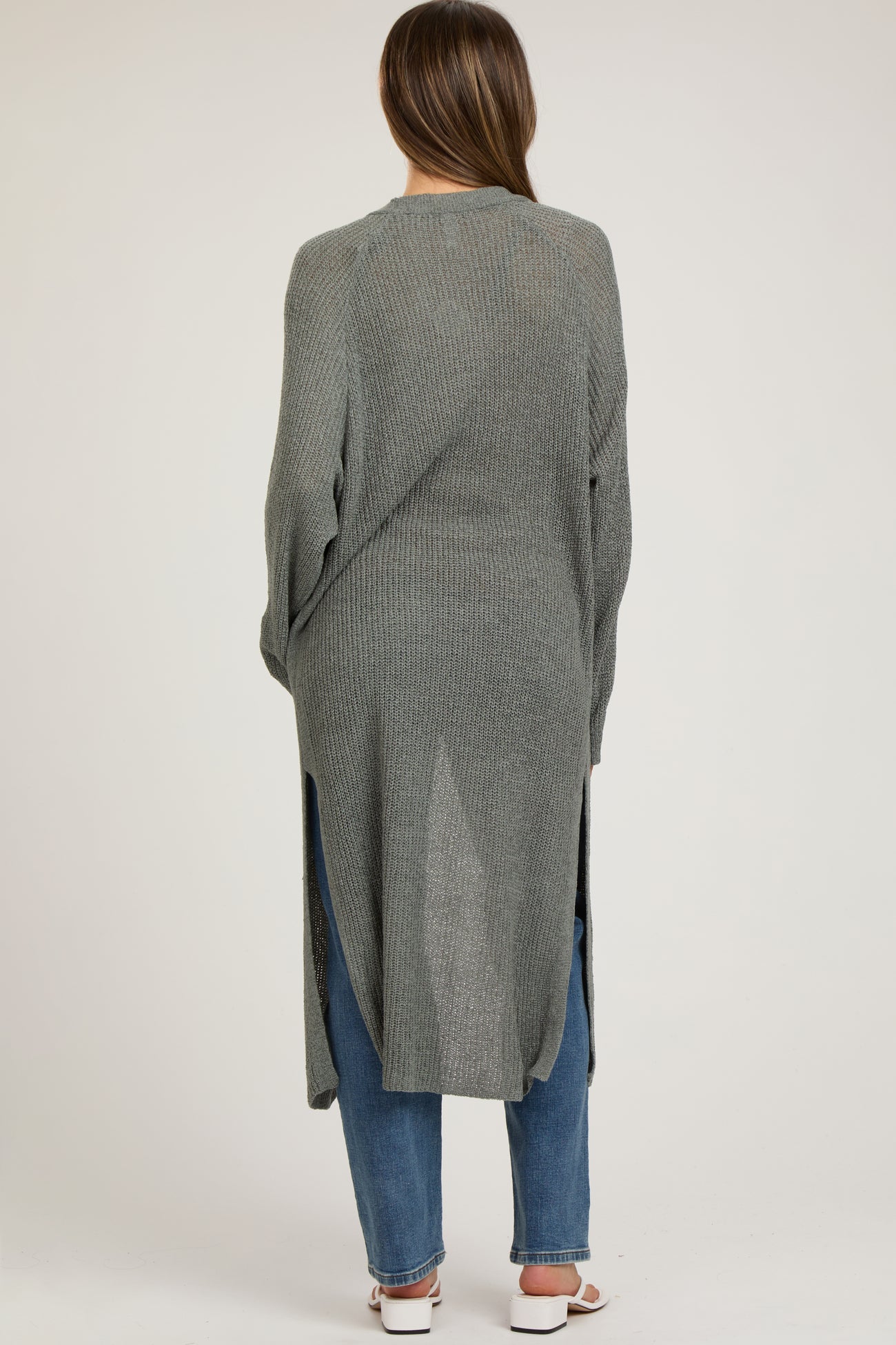 Gray Knit Side Slit Long Maternity Cardigan