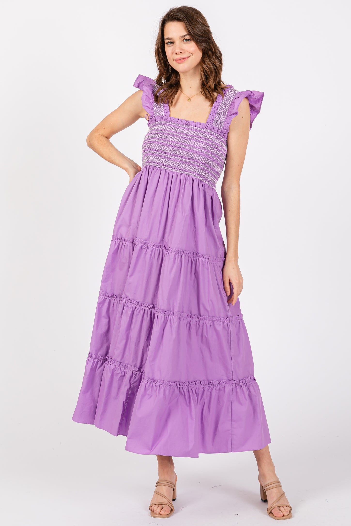 Lavender Embroidered Smocked Maternity Midi Dress