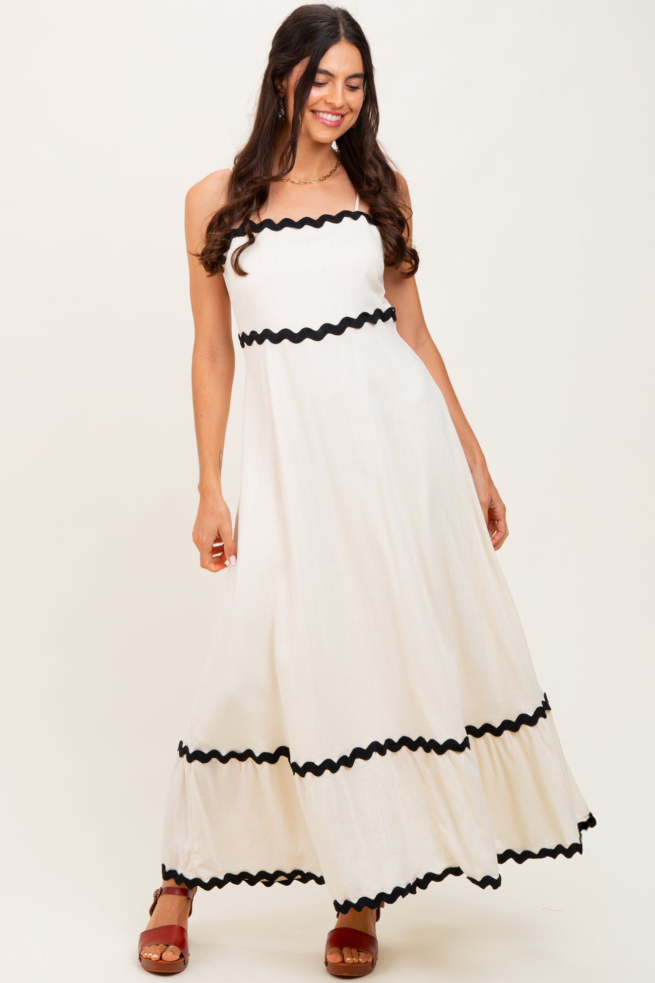 Beige Colorblock Trim Maternity Midi Dress
